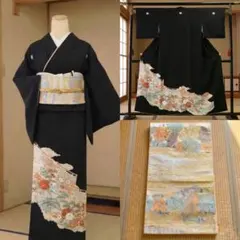 美品　黒留袖 袋帯　 末広　帯締め　５点セット　結婚式　礼装　花鳥枝松文　銀糸