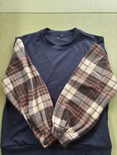 ネイビー チェック柄袖 長袖トップス L