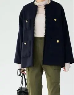 美品 2022AWグリーンレーベル ツイードノーカラージャケットネイビー 36