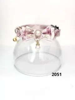 2051.猫首輪 エレガントな花柄 ピンクベージュ ミニリボン