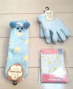 【新品✨】水色 キッズ小物 3点セット フワフワ手袋 生理用ショーツ ゾウ靴下