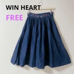 【WIN HEART】フレアスカート デニム 刺繡 ミドル ウェストゴムFREE