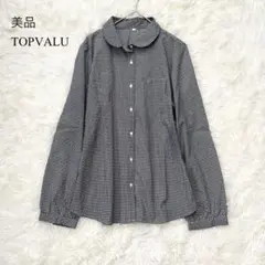 トップバリュ　丸襟シャツ　長袖　ギンガムチェック　胸ポケット　大人フェミニンのサムネイル