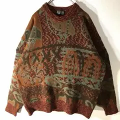 【個性派古着】長袖総柄デザインセーター　立体編み　アニマル柄　鳥　マルチカラーM