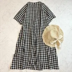 【ゴキ】コットンリネンワンピースシャツ　半袖　ロング　ギンガムチェック　ゆったり