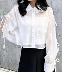 袖リボンラメシアーショート丈シャツ