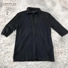 アンタイトル【M】七分袖Ｖネックニット 襟付きスキッパー 細リブ イタリア素材