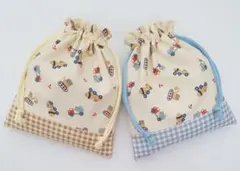【KS-169】ハンドメイド 巾着袋 コップ袋 給食袋入園入学 工事車 チェック