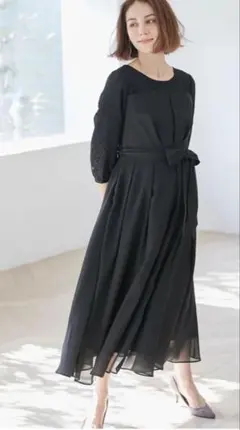 ウエストリボン付き・ロングフォーマルワンピース マタニティ・授乳服(黒)