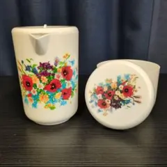 花柄　ホーローオイルポット　2点セット　昭和レトロ　年代物　キッチン 花柄 ホーローオイルポット 2点セット 昭和レトロ 年代物 キッチン