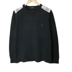 バーバリーブラックレーベル　コットンニットセーター　刺繍ロゴ　肩チェック　黒色
