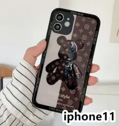 iphone11ケース　カバー　背面強化ガラス 　璃熊 茶色