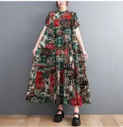 大きいサイズ　レディース　春夏秋　ロング　ワンピース　半袖