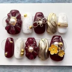 現品限りネイルチップ ぷっくりお花 水引き 個性派 ゴールド卒業式 和風 着物