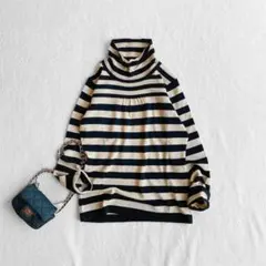 美品 Jocomomola ホコモモラ ボーダー タートルネック 薄手 ニット