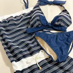 セパレート水着　ワンピース付き　3点セット　ボーダー柄　ブルー系