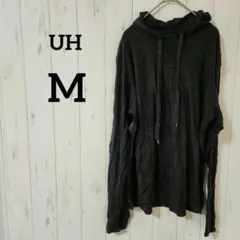 UH【M】ブラック 長袖薄手パーカー フーディー ドローコード付きユニセックス