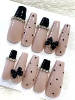 ネイルチップ フレンチガーリー ドット リボン ピンク ちゅるん 黒 ガーリー