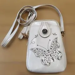 スマホショルダーバッグ 蝶 バラ 3ポケット ホワイト タッセル付き ポーチ