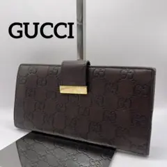 GUCCI 長財布　GGシマ　ゴールドプレート　ブラウン　Wホック
