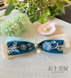 バレッタ　インド刺繍　リボン　花柄　パール　青　水色　春　夏　上品　大きめ　大人