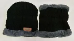 ブラック　ニット帽ネックウォーマーセット　ユニセックス　厚手　高耐久　洗濯可