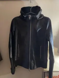 黒レザージャケット 皮 フード付き パンクファッション ダブルジップ