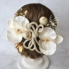 和紐リボンとパール胡蝶蘭 コチョウランと和玉◆結婚式、卒業式、七五三髪飾り◆