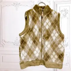 ボア ベスト【M】ブラウン チェック ジップアップ ルームウェア 防寒 部屋着