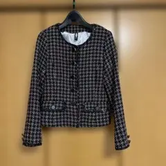 ツイードノーカラージャケット　Mサイズ　ブラック×ピンク×水色