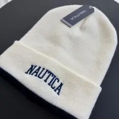 NAUTICA ノーティカ 刺繍ロゴ ニット帽 バイカラー 白 男女兼用のサムネイル