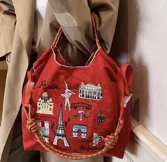 M ショルダーストラップつき　2way 刺繍　エコバッグ　トートバッグ　パリス