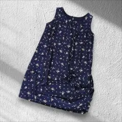 130【コムサ】ノースリーブワンピース ドレープ フォーマル 花柄 紺