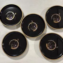 伝統工芸【会津塗り】銘々皿 5枚セット 黒塗り 金彩 秋草 菓子皿 和食器