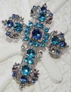 十字架 クロスモチーフ ブルーラインストーン ブローチ ペンダントトップ クロス