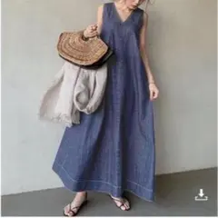 M 青　ロングワンピース デニム マキシ丈 ノースリーブ 半袖 夏 a3
