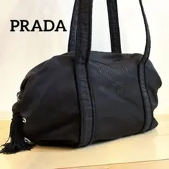 PRADA プラダ ショルダートートバッグ ロゴ刺繍 ナイロン タッセル 黒