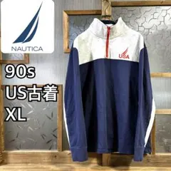 90s US古着　NAUTICA ハーフジップカットソー　XL ネイビー×グレー