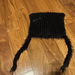 ネコ耳！ファー素材リブ編みニット帽 黒