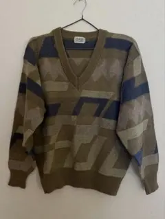 ヴィンテージ 総柄 Vネックニット 幾何学模様 アースカラー L 麻混