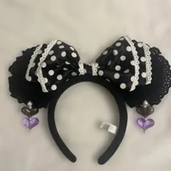 ミニーマウス　モノトーン　水玉リボン付きカチューシャ