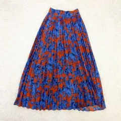 titivate 花柄 プリーツ　ロングフレアスカート　ブルー×ブラウン　Sのサムネイル