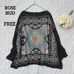 ローズバッド　エスニック調トップス　幾何学模様　レーヨン　ストレッチ　ブラック