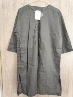 新品未使用タグ付き　麻　綿　七分袖ワンピース　割烹着　かっぽう着　エプロン　S