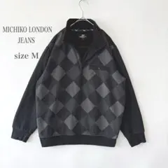 ミチコロンドン ハーフジップ スウェット 裏起毛 アーガイル 黒 グレー M