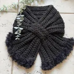 ☆crochet ファー付きリボンマフラー☆ブラック