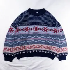 ビンテージ古着 90s バーズアイ 民族 幾何学 アート ボーダー 総柄ニット