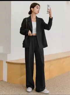 ブラック ダブルブレストジャケット ワイドパンツ セット