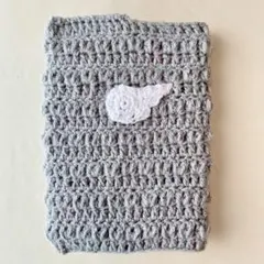 【特別価格】ブックカバー 編み物 かぎ針編み ハート ハンドメイド グレー 羽