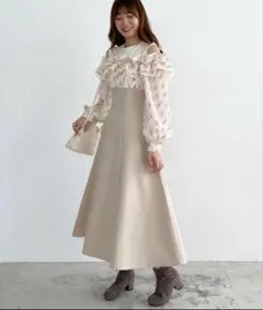 MAJESTIC LEGON ウエストきゅっとミルフィーユワンピ　アイボリー柄